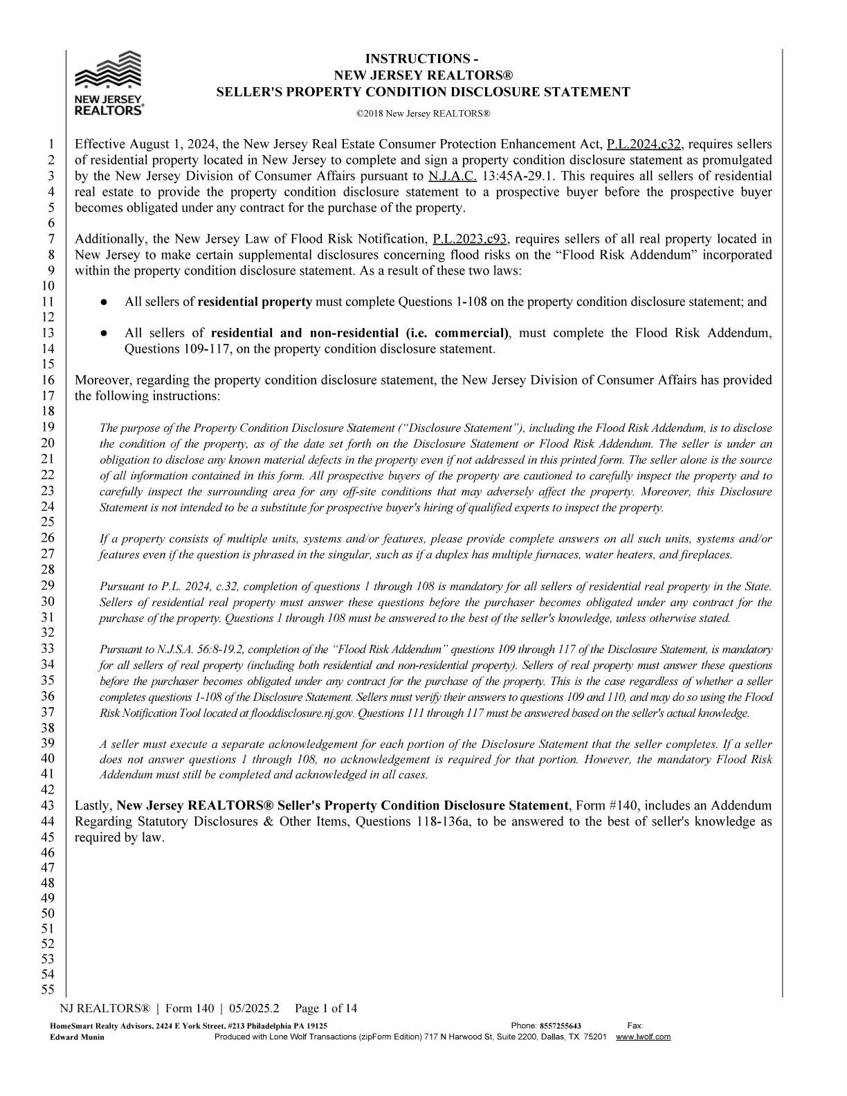 New Jersey REALTORS Seller's Property Condition Disclosure Statement page 1 of 14