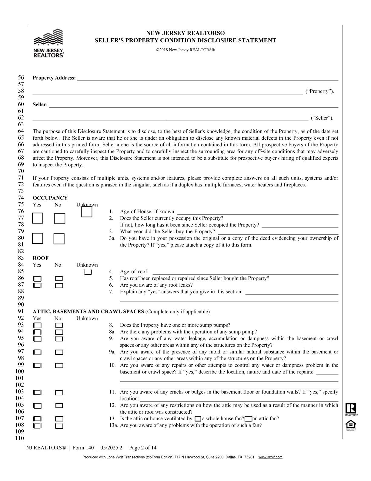 New Jersey REALTORS Seller's Property Condition Disclosure Statement page 2 of 14