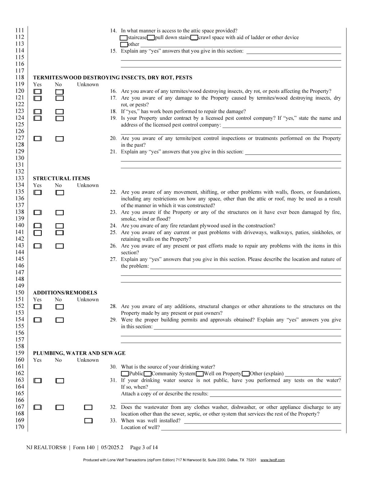 New Jersey REALTORS Seller's Property Condition Disclosure Statement page 3 of 14