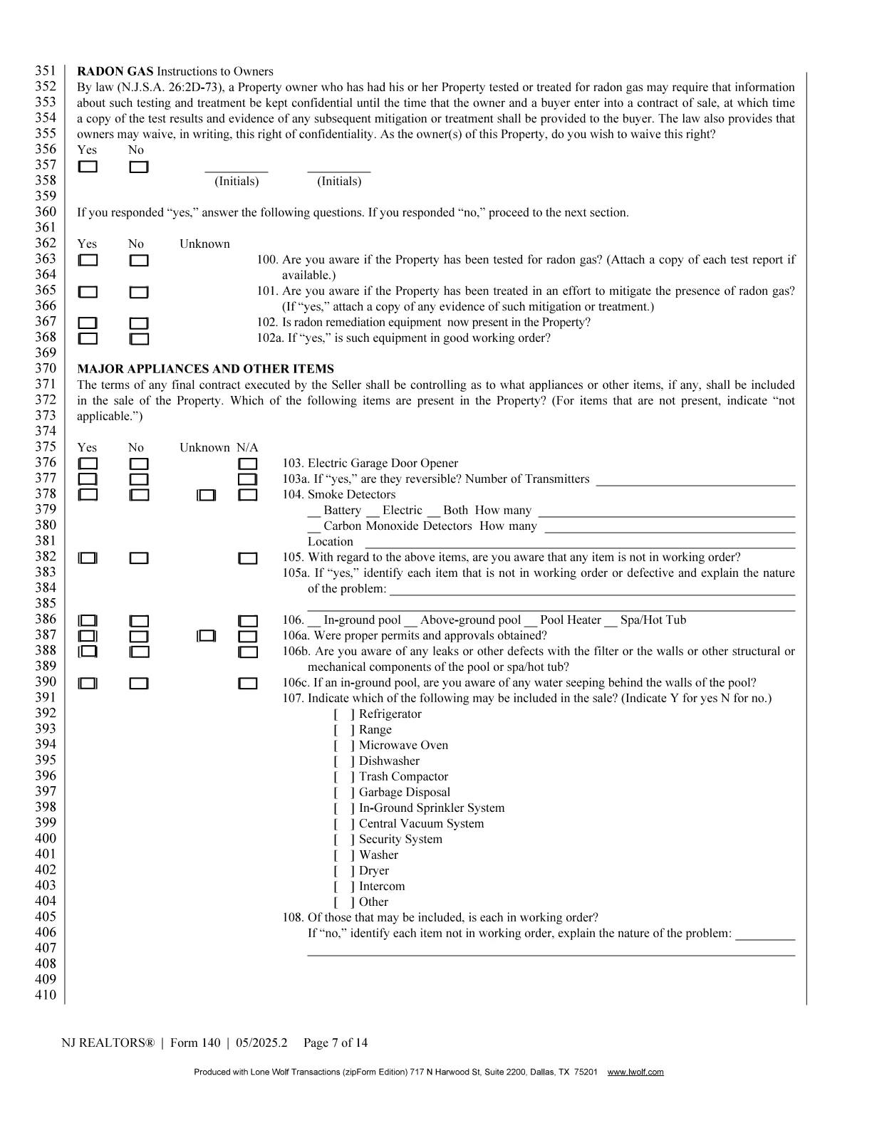 New Jersey REALTORS Seller's Property Condition Disclosure Statement page 7 of 14