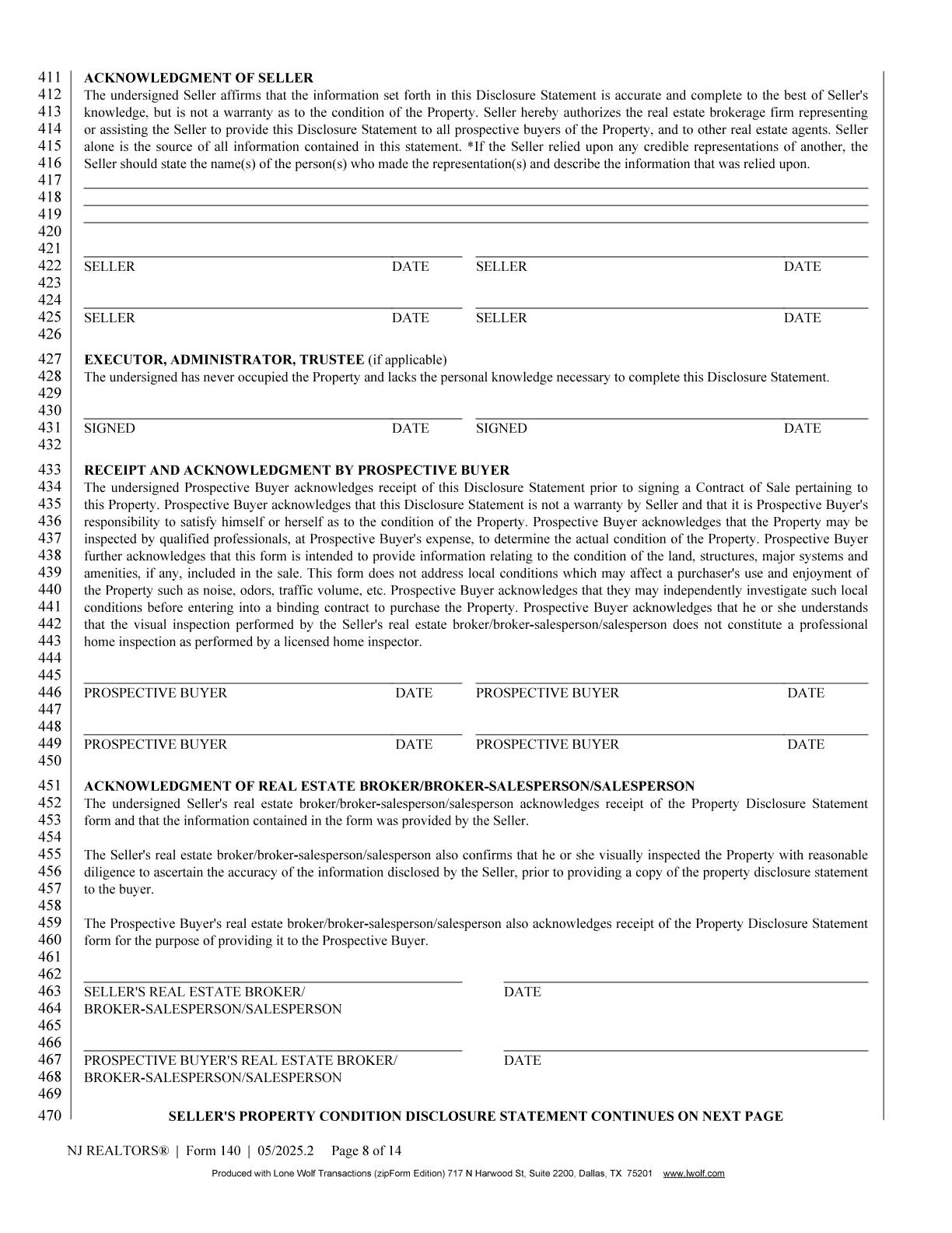 New Jersey REALTORS Seller's Property Condition Disclosure Statement page 8 of 14