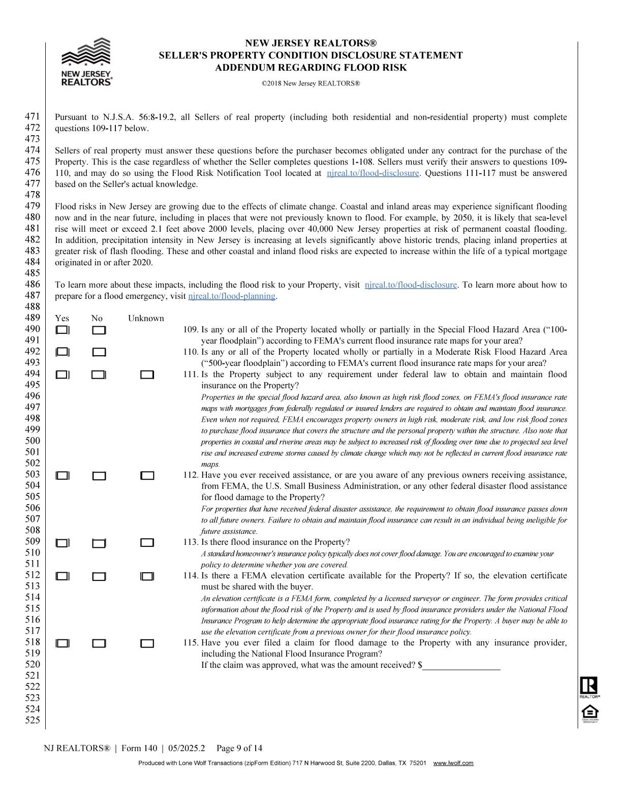 New Jersey REALTORS Seller's Property Condition Disclosure Statement page 9 of 14