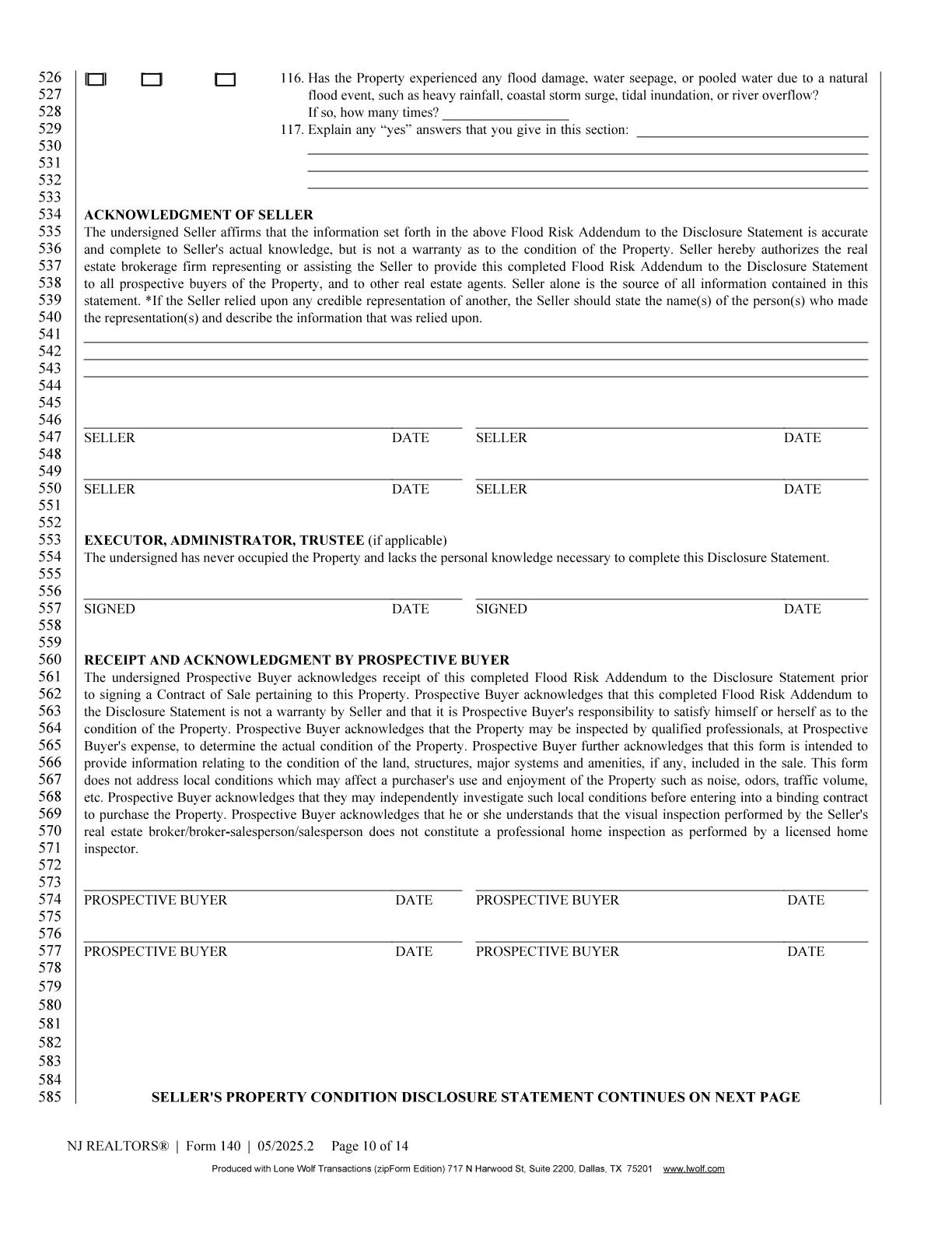 New Jersey REALTORS Seller's Property Condition Disclosure Statement page 10 of 14