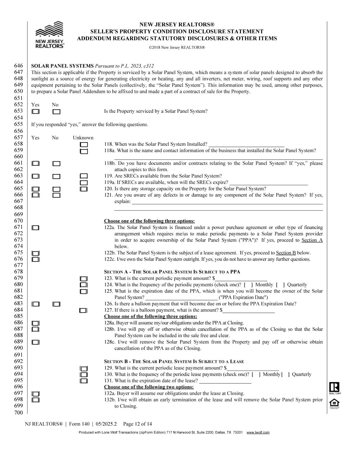 New Jersey REALTORS Seller's Property Condition Disclosure Statement page 12 of 14