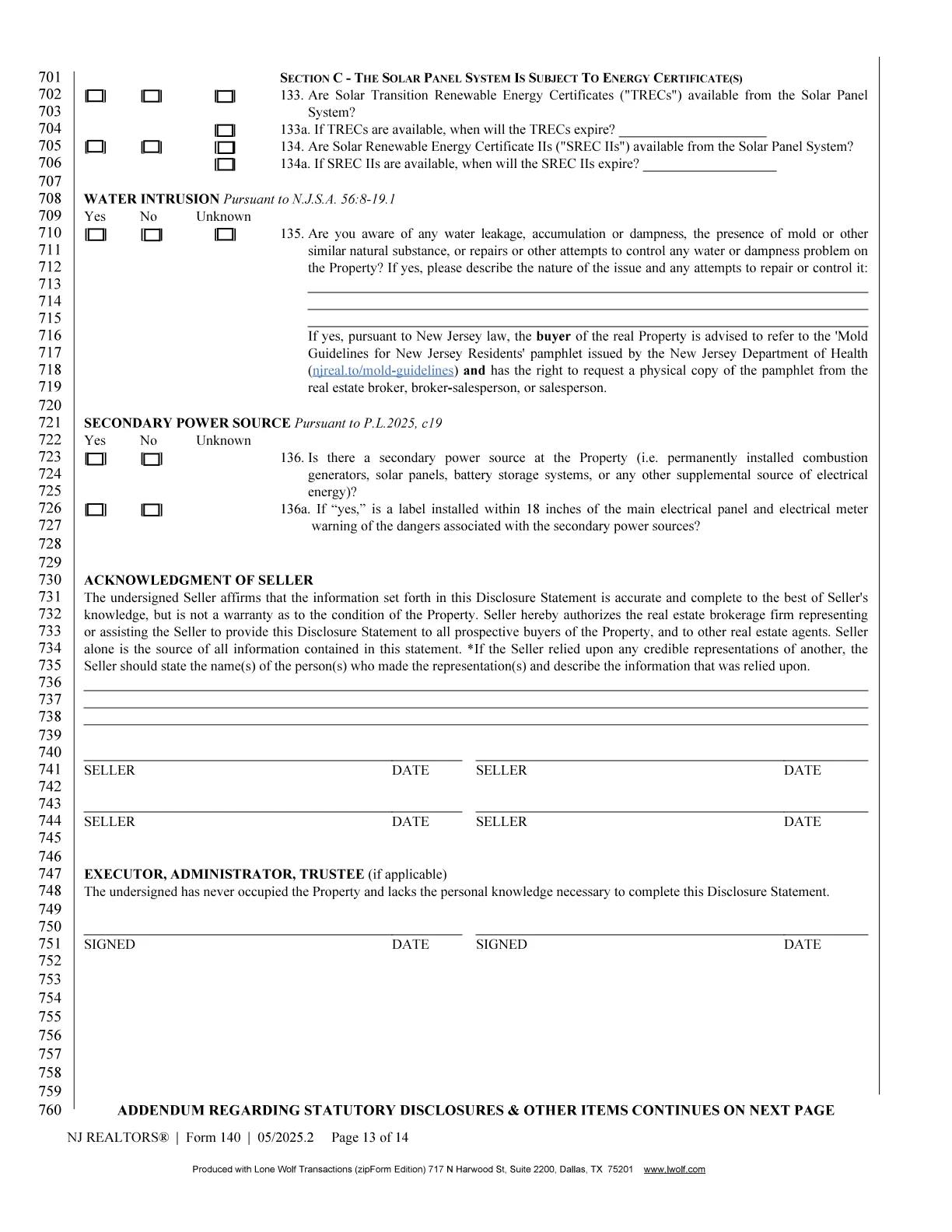 New Jersey REALTORS Seller's Property Condition Disclosure Statement page 13 of 14