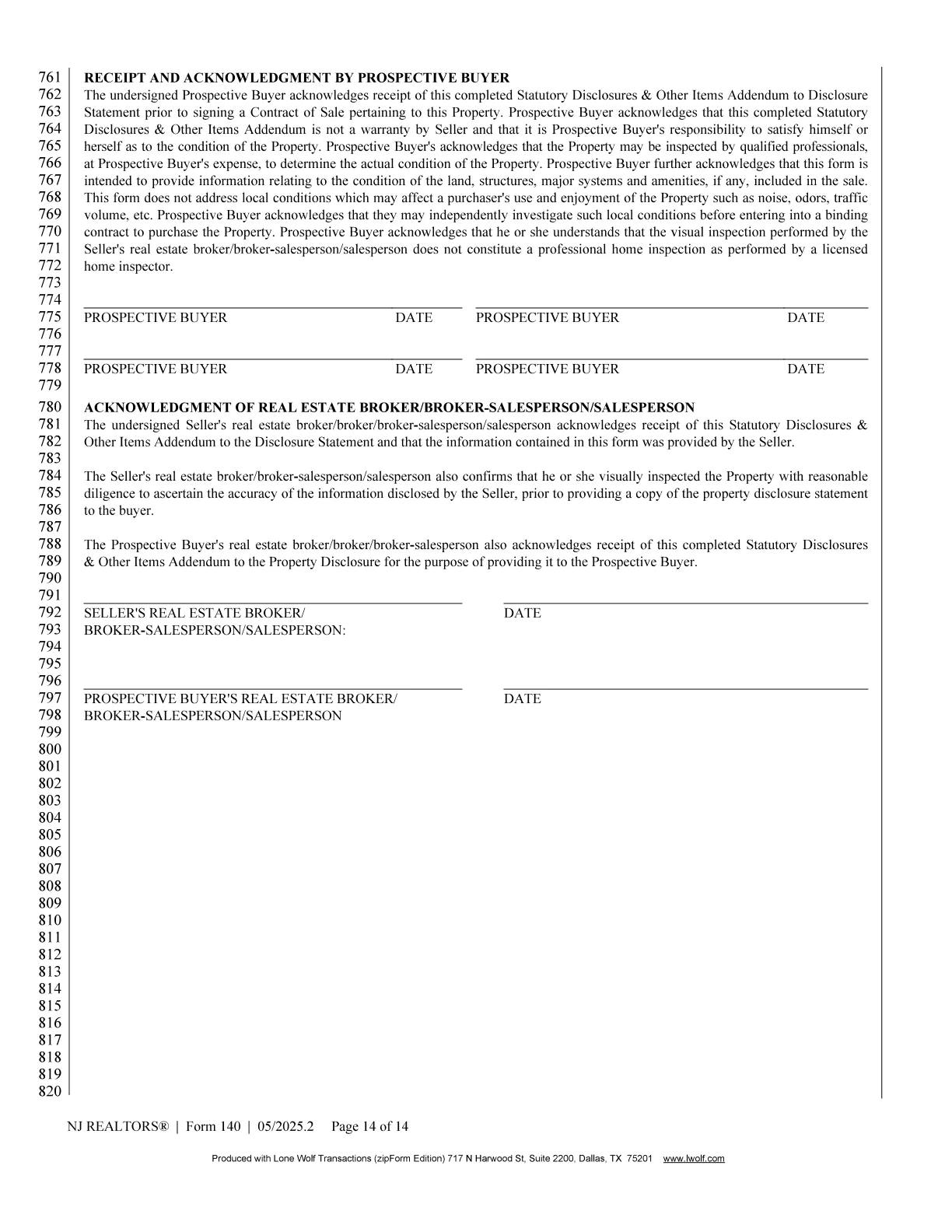 New Jersey REALTORS Seller's Property Condition Disclosure Statement page 14 of 14