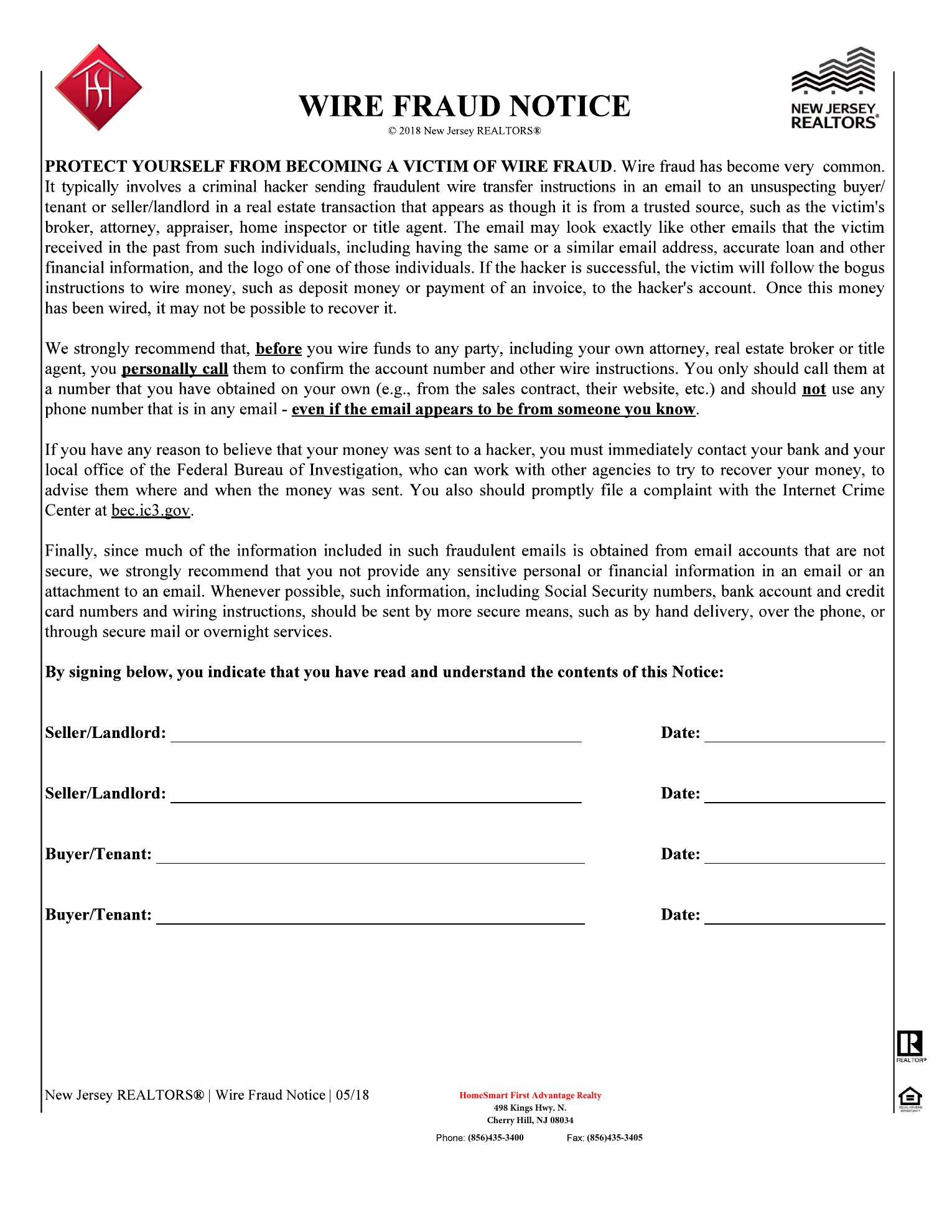 HomeSmart First Advantage Realty and New Jersey REALTORS Wire Fraud Notice page 15 of 15