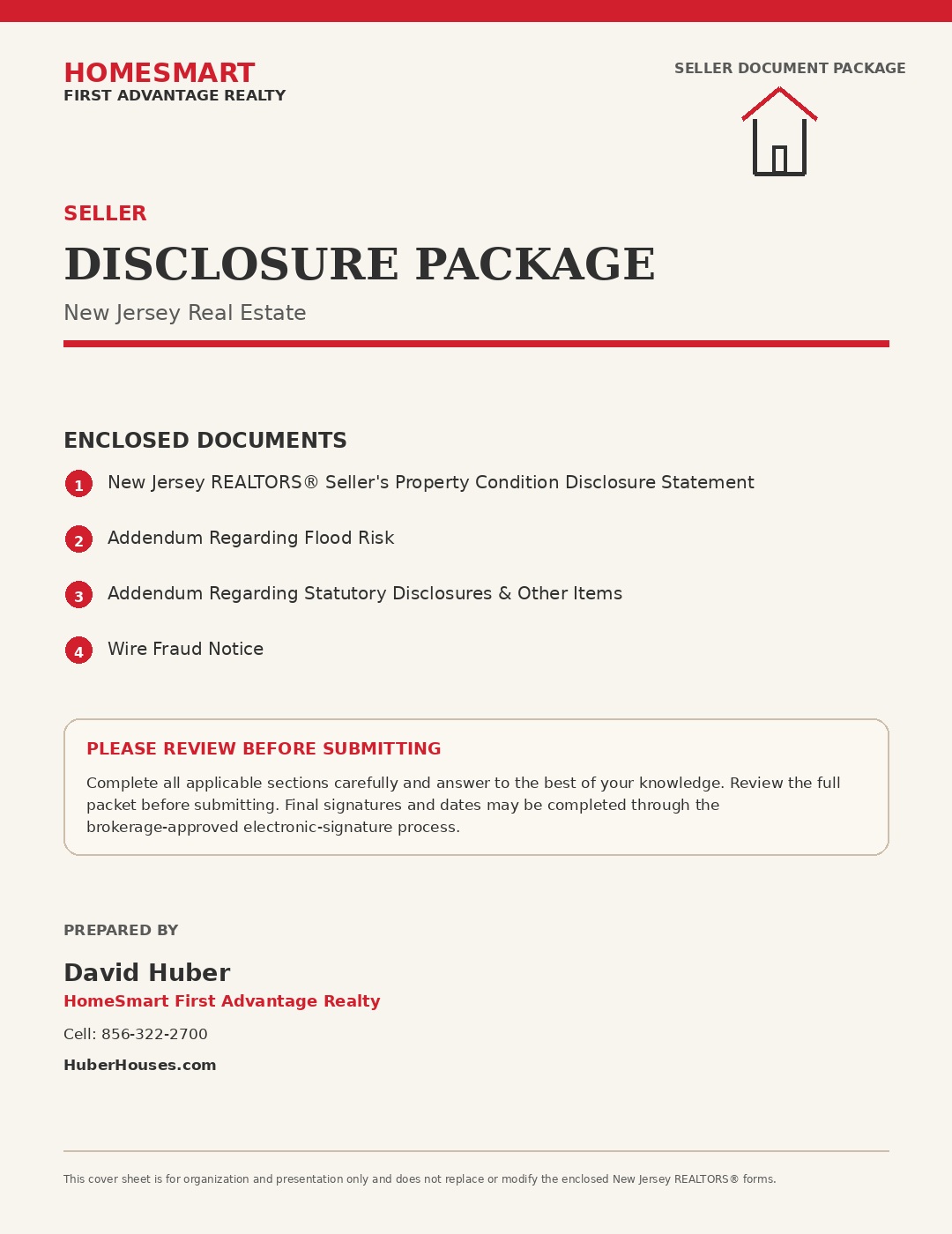 Seller Disclosure Package cover sheet